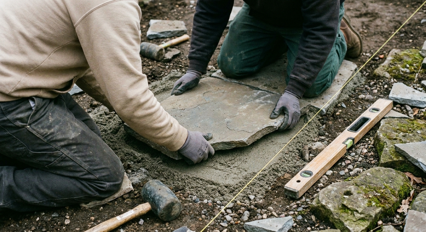 Setting a flagstone into the bed by hand