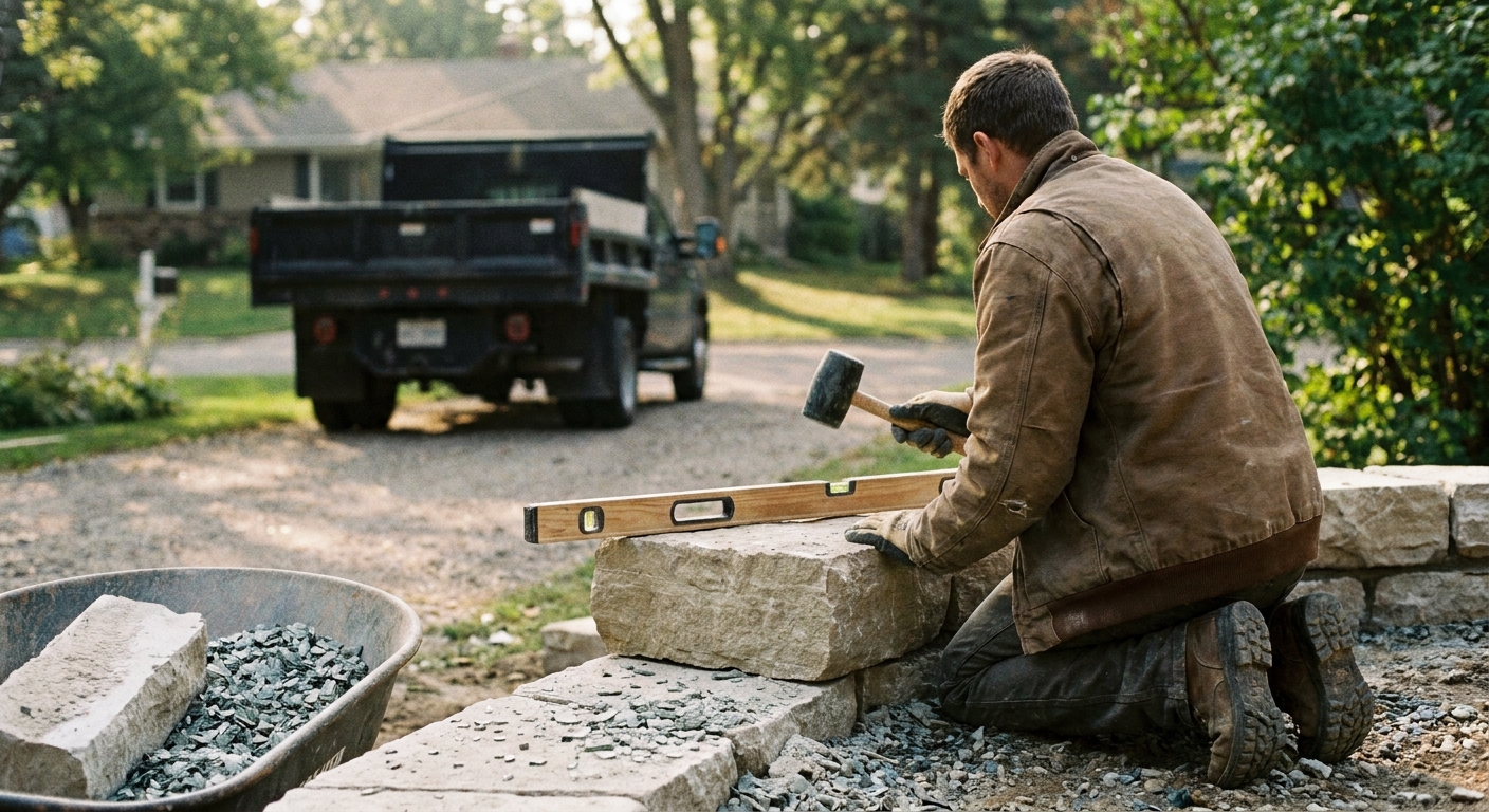 Mason setting a wall course